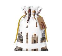 M Sac de Noël réutilisable - Pochette cadeau avec cordon de serrage imprimé château montgolfière pour Noël, vacances, fête, mariage, anniversaire