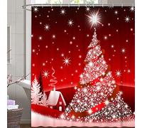 M&W DAS DESIGN Rideau de douche de Noël en textile - Rouge - Résistant à la moisissure - Décoration de Noël - Étoile résistante aux couleurs - Avec 12 anneaux en C - Poids inférieur : 180 x 200 cm