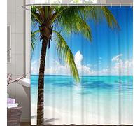 M&W DAS Design Rideau de Douche Motif mer Tropical Palmiers Plage Textile Ciel Nuage Rideau résistant aux moisissures océan Bleu Vert Vagues Vacances Relax avec 12 Anneaux C Poids inférieur 180x200
