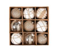 M&W DasDesign Lot de 9 boules de Noël avec 3 designs différents, 8 cm, en plastique, blanc, décoration de Noël, 3 designs élégants avec des accents dorés brillants