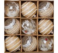 M&W DasDesign Lot de 9 boules de Noël avec 3 designs différents, 8 cm, en plastique, blanc, doré brillant avec des accents scintillants et des designs uniques