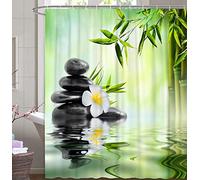 M&W DasDesign Rideau de douche en bambou sur l'eau léger brouillard réfléchissant textile Rideau vert exotique pierre Relax résistant à la moisissure feuille de bambou spa calme avec 12 anneaux en C