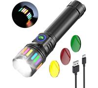 M1 Led Flashlight, Powerful Rechargeable Torch With 4 Modes & Zoomable[3 Coloured Lenses] Mini Torch Battery For Camping/Hiking/Emergency, Black