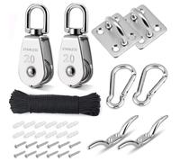 M20 Lifting Pulley, 2 Pieces 20 Mm 304 Stainless Steel Pulley For Ropes And Cable With 4 Mm Line Rope 20 M, And M5 Carabiner, Pad Plate, Cleat Hooks