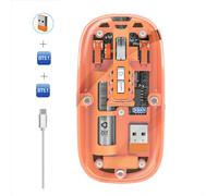 M233 Souris d'ordinateur, souris sans fil, souris transparente, connexion à trois modes (2,4 G + BT1 + BT2), 1 600 DPI, charge de type C, orange