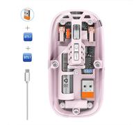 M233 Souris d'ordinateur, souris sans fil, souris transparente, connexion à trois modes (2,4 G + BT1 + BT2), 1600 DPI, charge de type C, rose