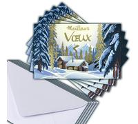 M5-489 Lot 5 Cartes Meilleurs Vœux en Or Doré Brillant + 5 Enveloppes Blanches Format 14x9cm - Chalet sous la Neige Cheminée Sapins de Noël Forêt Montagne Sommets enneigés Paysage Hivernal Fin d'Année