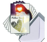 M5-492 Lot 5 Cartes Meilleurs Vœux en Or Doré Brillant + 5 Enveloppes Blanches Format 14x9cm - Mains en forme de Cœur Gants Bonnet Soleil Hiver Neige Fin d'Année Amitié Amour Chaleureuses Pensées