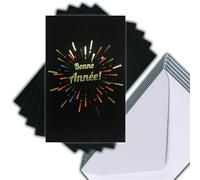 M5-493 Lot 5 Cartes Bonne Année en Or Doré Brillant + 5 Enveloppes Blanches Format 14x9cm - Feu d'Artifice Nuit Noire Nouvel An Fêtes de Fin d'Année