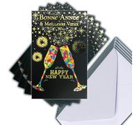 M5-494 Lot 5 Cartes Bonne Année Meilleurs Vœux en Or Doré Brillant + 5 Enveloppes Blanches Format 14x9cm - Flûtes Champagne Pétillant Bulles de Bonheur étoiles Nouvel An Fêtes de Fin d'Année