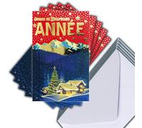 M5-497 Lot 5 Cartes Bonne Année en Or Doré Brillant + 5 Enveloppes Blanches Format 14x9cm - Sapin de Noël Fêtes de Fin d'Année Chalet éclairé sous la Neige Paysage Montagne Enneigé Forêt Ciel étoilé