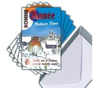 M5-499 Lot 5 Cartes Bonne Année Meilleurs Vœux Rouge Brillant + 5 Enveloppes Blanches Format 14x9cm - Santé Joie Bonheur Oiseau Rouge-gorge Colombe de la Paix Forêt Sapins Paysage sous la Neige Fêtes