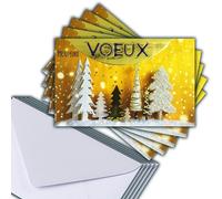 M5-501 LOT 5 Cartes identiques Meilleurs Vœux en Or Doré 13,5x8,5cm + 5 Enveloppes blanches 14x9cm - Bonne Année Souhaits Janvier Hiver Sapins de Noël sous la Neige - Créé Imprimé Fabriqué en France