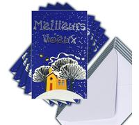 M5-502 LOT 5 Cartes identiques Meilleurs Vœux Argenté 13,5x8,5cm + 5 Enveloppes blanches 14x9cm - Bonne Année Souhaits Janvier Hiver Maison et Arbres sous la Neige - Créé Imprimé Fabriqué en France
