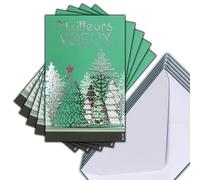 M5-503 LOT 5 Cartes identiques Meilleurs Vœux Argenté 13,5x8,5cm + 5 Enveloppes blanches 14x9cm - Bonne Année Souhaits Janvier Hiver Sapins de Noël sous la Neige - Créé Imprimé Fabriqué en France
