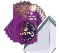 M5-504 LOT 5 Cartes identiques Meilleurs Vœux en Or Doré 13,5x8,5cm + 5 Enveloppes blanches 14x9cm - Belle et Bonne Année Souhaits 1er Janvier Feu d Artifice Violet - Créé Imprimé Fabriqué en France