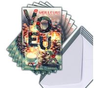 M5-505 LOT 5 Cartes identiques Meilleurs Vœux Fleurs Rouges Brillantes 13,5x8,5cm + 5 Enveloppes blanches 14x9cm - Bonne Année Souhaits Janvier Bougies Pommes de Pin - Créé Imprimé Fabriqué en France