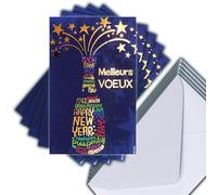 M5-506 LOT 5 Cartes identiques Meilleurs Vœux en Or Doré 13,5x8,5cm + 5 Enveloppes blanches 14x9cm - Bonne Année Souhaits Janvier Mots en forme de Bouteille étoiles - Créé Imprimé Fabriqué en France