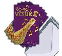 M5-507 LOT 5 Cartes identiques Meilleurs Vœux en Or Doré 13,5x8,5cm + 5 Enveloppes blanches 14x9cm - Bonne Année Souhaits Janvier Bouchon et Bouteille de Champagne - Créé Imprimé Fabriqué en France