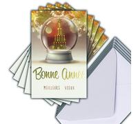 M5-509 LOT 5 Cartes identiques Meilleurs Vœux en Or Doré 13,5x8,5cm + 5 Enveloppes blanches 14x9cm - Bonne Année Souhaits Boule à Neige Bouteilles Feu d Artifice - Créé Imprimé Fabriqué en France