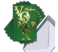 M5-510 LOT 5 Cartes identiques Meilleurs Vœux en Or Doré 13,5x8,5cm + 5 Enveloppes blanches 14x9cm - Bonne Année Souhaits Janvier Feuillage Végétal Vert - Créé Imprimé Fabriqué en France