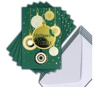 M5-511 LOT 5 Cartes identiques Meilleurs Vœux en Or Doré 13,5x8,5cm + 5 Enveloppes blanches 14x9cm - Bonne Année Souhaits Janvier Boules de Noël géométriques - Créé Imprimé Fabriqué en France