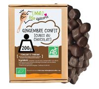 [MA] bio-épicerie - Gingembre confit BIO en cubes enrobés de chocolat noir BIO 200 g - Sachet vrac - Gourmandise saine sans conservateur - Alliance du gingembre et du chocolat