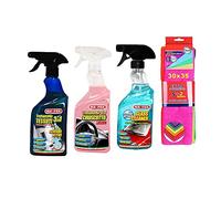 Ma-Fra Kit de traitement pour voiture intérieur et extérieur. Traitement 3 en 1, effet brillant - Tissu Glass Cleaner, Ensemble 5 chiffons microfibre multi-usages 38 x 33 cm