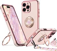 Maa-Coque Pour Iphone 16 Pro Max, Avec Double Anneau De Support C?ur, Avec Lanière Pour Filles Et Femmes, Coque De Protection De Luxe Mignonne Et Scintillante Pour Iphone 16 Pro Max, Rose