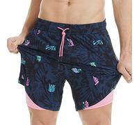 MaaMgic Homme Short de Bain 2 en 1 à séchage Rapide avec Doublure | Séchage Rapide Short de Natation décontracté Boardshorts avec Pantalon intérieur et Poche,Fleurs Spotlight Noir,XXL