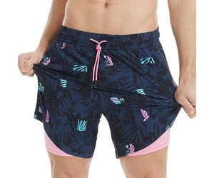 MaaMgic Homme Short de Bain 2 en 1 à séchage Rapide avec Doublure | Séchage Rapide Short de Natation décontracté Boardshorts avec Pantalon intérieur et Poche,Fleurs Spotlight Noir,M