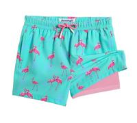 MaaMgic Short de Bain Garcon 2 en 1 Maillot de Bain Enfant avec Doublure de Compression Séchage Rapide Coloré Confortable Tendance Énergie,12 Eisblau Palme Flamingo,8ans