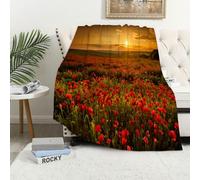 MAAPCHP Grande Couverture Polaire en Flanelle Ultra Douce et Chaude Champ de Coquelicots, Champ de Coquelicots au Coucher du Soleil Prairi pour Chambre à Coucher,lit Simple,canapé,76 x 100 cm