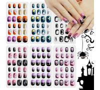 Maas-144 Pcs Halloween Ongles Couverture Complète Kit De Faux Ongles Courts Pour Enfants Motif Fantôme De Chauve Souris Pour Filles Nail Art Décoration