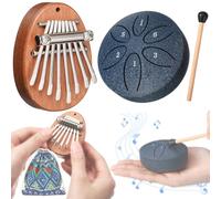 Maasechs Lot de 2 mini instruments de musique Kalimba et tambour de pluie avec baguette, piano à pouce à 8 touches et tambour en acier à 6 notes pour remise de diplôme, infirmière, adulte et débutant