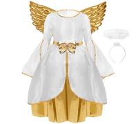 Maazusa Costume d'ange pour fille - Robe longue en or blanc avec bandeau - Ailes dorées - Costume de cosplay pour Halloween, Noël - Fête à thème (130)