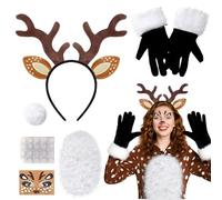 Maazusa Costume de cerf d'Halloween pour adulte - 6 pièces - Ensemble d'accessoires d'élan - Gants - Bandeau - Queue en peluche - Tatouage du visage - Déguisement de cerf pour Halloween et cosplay