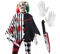 Maazusa Costume de clown d'Halloween 3 pièces pour adultes, cape de clown de cirque noire et blanche, déguisement d'horreur pour Halloween, carnaval, cosplay, fête