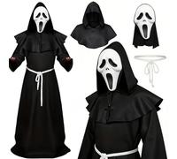 Maazusa Costume de moine médiéval pour adulte - 5 pièces - Cape d'Halloween - Robe en lin - Taille en corde - Masque - Costume pour Halloween, carnaval, cosplay, fête (noir, S)