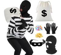 Maazusa Costume de voleur de banque pour homme - T-shirt rayé noir et blanc - Gants - Masque pour les yeux - Sac à main blanc - Pièces d'or pour Halloween, carnaval, cosplay, fête (M)