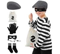 Maazusa Costume de voleur pour enfant - 6 pièces - Avec t-shirt rayé - Bérets pour les yeux - Masque pour les yeux Swag - Poches - Gants et bas - Costume de voleur - Pour Halloween, carnaval, fête
