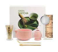 Mabecol Kit Matcha 8 Pièces, Bol 510ml Chasen Bambou Rose | Set Accessoires Matcha Complet Avec Support, Cuillère Et Tamis Pour Latte, Thé Vert, Petit Déjeuner Et Cadeau