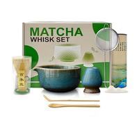 Mabecol Matcha Kit 8 Pièce avec Bol Bec Verseur 510ml, Chasen Bambou, Support, Cuillère, Tamis, Kit Matcha Idéal CompletLatte, Petit Déjeuner, Cadeau Thé Vert Bleu