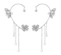 Mabor Lot de 2 Boucles d'Oreilles Papillon, Boucles d'Oreilles Papillon Argentées Boucles d'Oreilles Manchette à Clous de Diamants Boucles d'Oreilles à Pompon Super Étincelantes Clip d'Oreille sans Pi