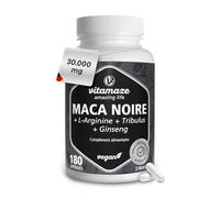 Maca Noire 30.000mg par Dose Journalière, Hautement Dosé, Complexe d'Extrait de Maca + L-Arginine + Tribulus + Ginseng + Zinc + Vitamines B, Performances Sportives,180 Gélules Véganes, Vitamaze