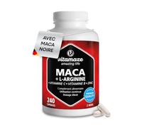 Maca Noire Complexe avec L-Arginine 450mg, Trois types de Maca Andine (Noire, Jaune et Rouge) + Vitamines C et B + Zinc, 240 Gélules, Racine de Péruvienne des Andes, Qualité Allemande, Vitamaze