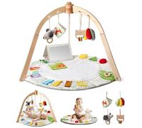 Macabaka Montessori Tapis de jeu en bois pour bébé - Tapis d'éveil sensoriel Montessori avec 6 jouets de développement pour la motricité fine - Pour les nouveau-nés et les tout-petits (0 à 12 mois et