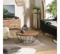 MACABANE SIXTINE - Table Basse Coque Ronde 80x80cm Plateau Teck recyclé piétement métal Noir