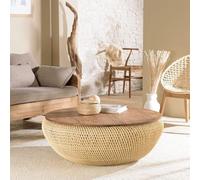 MACABANE SIXTINE - Table Basse Ronde 100x100cm en rotin Beige Plateau Amovible