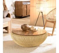 MACABANE SIXTINE - Table Basse Ronde 80x80cm en rotin Beige Plateau Amovible